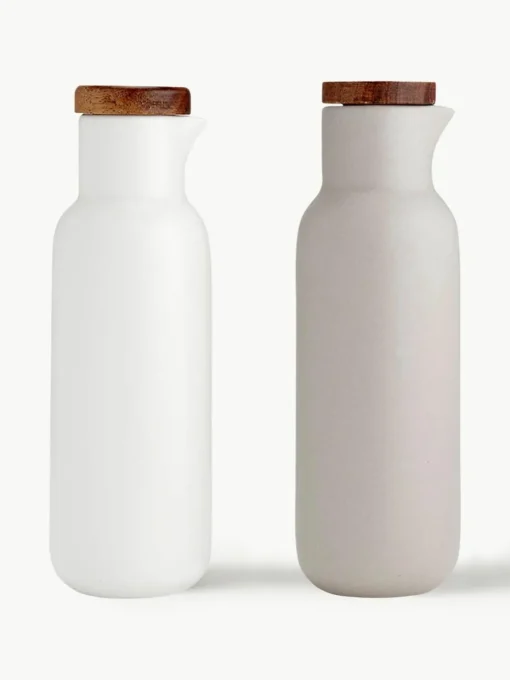 Essig- und Öl-Spender Essentials aus Porzellan und Akazienholz, 2er-Set