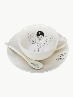 Handbemalte Kaffeetassen Undressed mit Untertassen und Löffeln, 4er-Set
