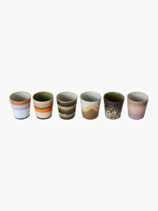 Handbemalte Keramik-Becher 70's mit reaktiver Glasur, 6er-Set