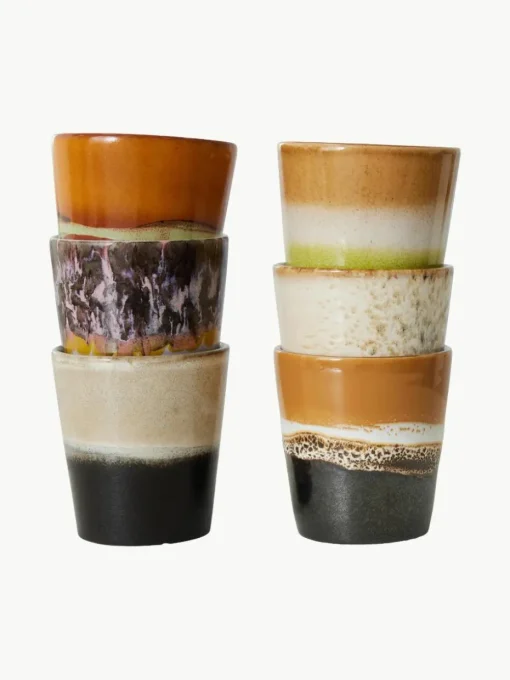Handbemalte Keramik-Becher 70's mit reaktiver Glasur, 6er-Set