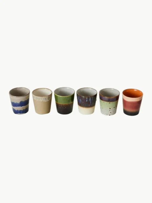 Handbemalte Keramik-Becher 70's mit reaktiver Glasur, 6er-Set
