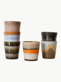 Handbemalte Keramik-Becher 70's mit reaktiver Glasur, 6er-Set