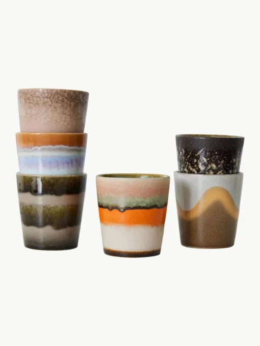 Handbemalte Keramik-Becher 70's mit reaktiver Glasur, 6er-Set