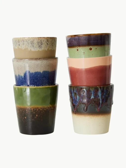 Handbemalte Keramik-Becher 70's mit reaktiver Glasur, 6er-Set