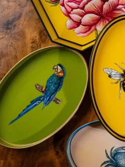 Handbemaltes Dekotablett Fauna mit Papageien-Motiv