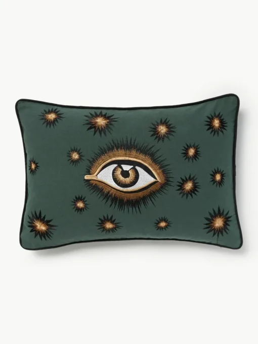 Handbestickte Baumwoll-Kissenhülle Eye