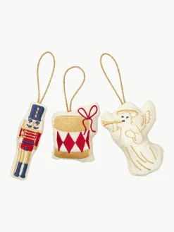 Handbestickte Stoff-Baumanhänger Nutcracker, 3er-Set