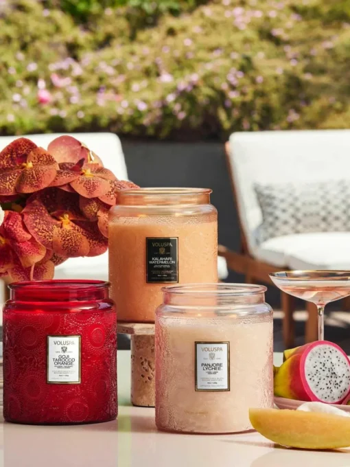 Handgefertigte Zweidocht-Duftkerze Japonica Collection (Goji-Beere, Mango & Tarocco Orange)