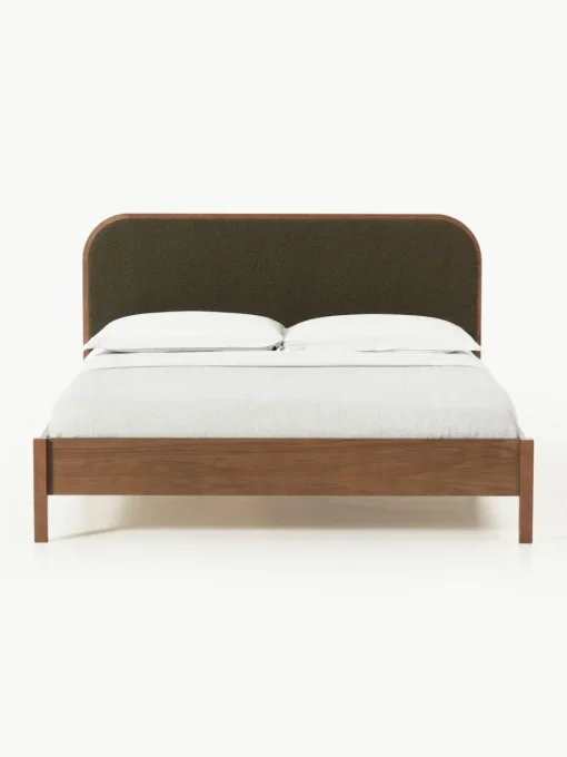 Holzbett Jones mit Kopfteil aus Bouclé
