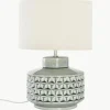 Kleine Keramik-Tischlampe Monica mit Leinenschirm