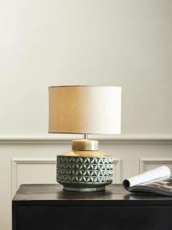 Kleine Keramik-Tischlampe Monica mit Leinenschirm