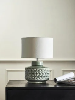 Kleine Keramik-Tischlampe Monica mit Leinenschirm