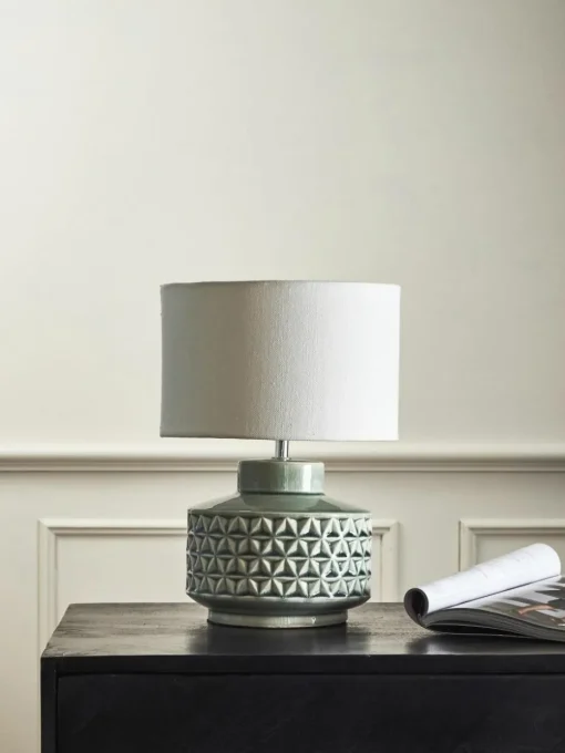 Kleine Keramik-Tischlampe Monica mit Leinenschirm