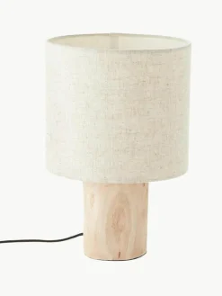 Kleine Skandi-Tischlampe Pia aus Holz und Leinen