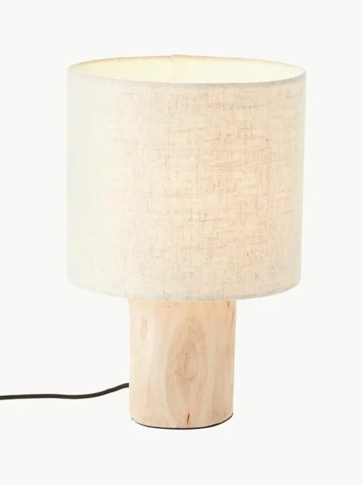 Kleine Skandi-Tischlampe Pia aus Holz und Leinen