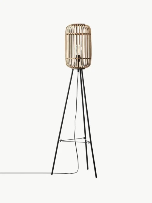 Kleine Tripod Stehlampe Woodrow aus Rattan