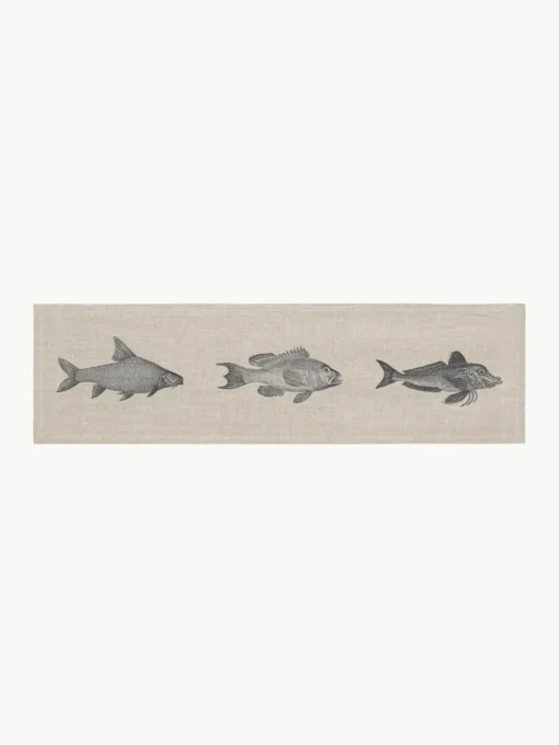 Leinen-Tischläufer Fish, handbedruckt