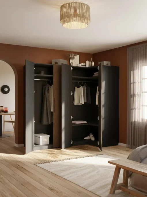 Modularer Eck-Kleiderschrank Simone, 215 cm Breite, mehrere Varianten
