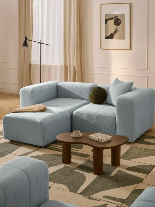 Modulares Bouclé-Sofa Lena (3-Sitzer) mit Hocker (links/rechts)