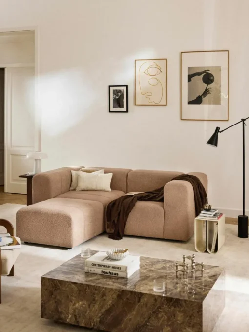 Modulares Bouclé-Sofa Lena (3-Sitzer) mit Hocker (links/rechts)
