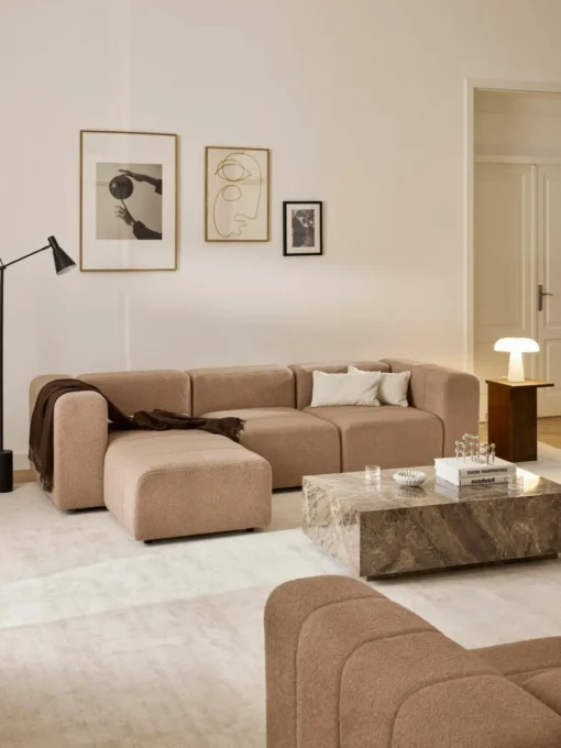 Modulares Bouclé-Sofa Lena (4-Sitzer) mit Hocker (links/rechts)