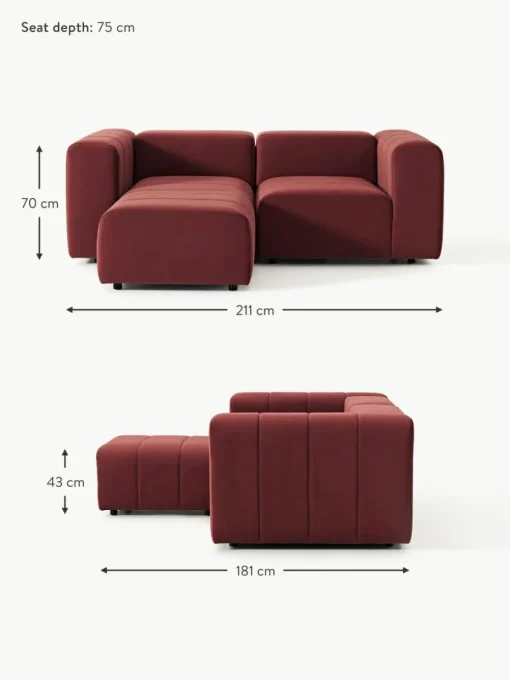 Modulares Samt-Sofa Lena (3-Sitzer) mit Hocker (links/rechts)