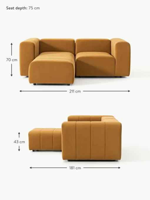 Modulares Samt-Sofa Lena (3-Sitzer) mit Hocker (links/rechts)