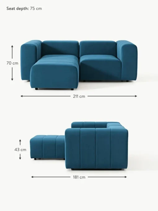 Modulares Samt-Sofa Lena (3-Sitzer) mit Hocker (links/rechts)