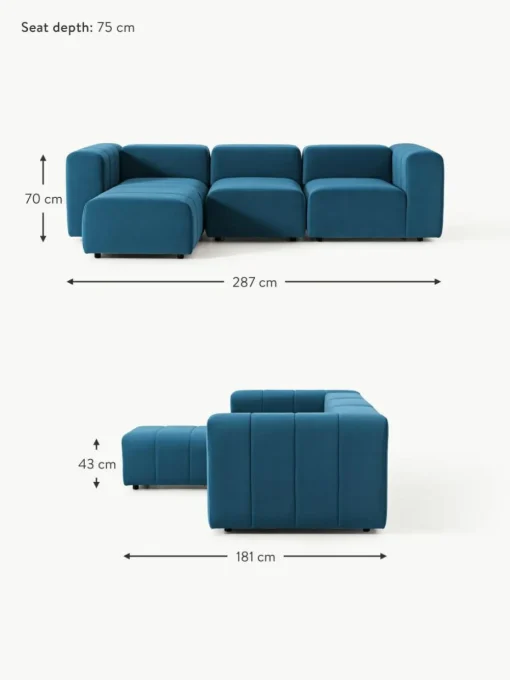 Modulares Samt-Sofa Lena (4-Sitzer) mit Hocker (links/rechts)