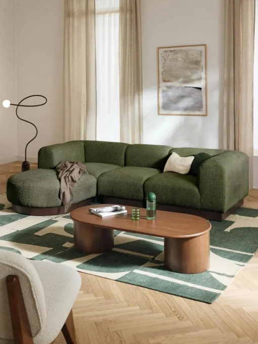 Modulares Sofa Natalie (3-Sitzer) aus Teddy-Bouclé mit Hocker