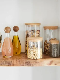 Mundgeblasene Essig- und Öl-Spender Eden mit Holzdeckel, 2er-Set