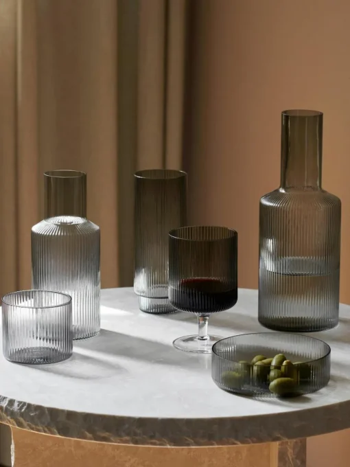 Mundgeblasene kleine Karaffe Ripple mit Wasserglas, 2er-Set