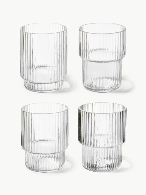 Mundgeblasene Wassergläser Ripple mit Rillenrelief, 4er-Set