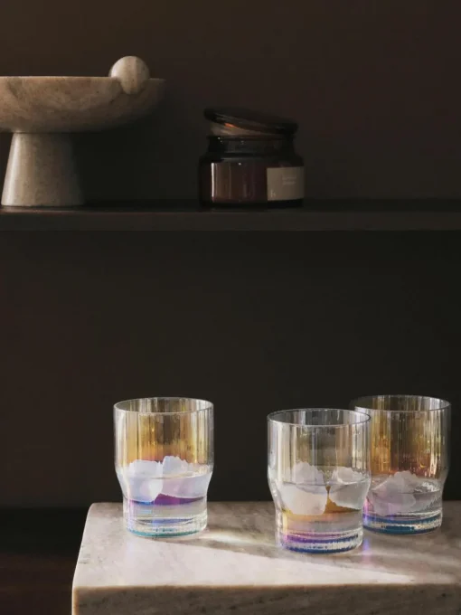 Mundgeblasene Wassergläser Juno mit Rillenrelief und Perlmuttglanz, 4 Stück