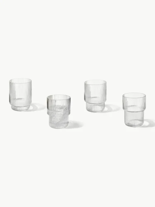 Mundgeblasene Wassergläser Ripple mit Rillenrelief, 4er-Set
