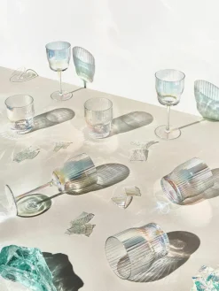Mundgeblasene Wassergläser Juno mit Rillenrelief und Perlmuttglanz, 4 Stück