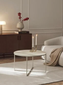 Runder Couchtisch Antigua mit Glasplatte in Travertin-Optik