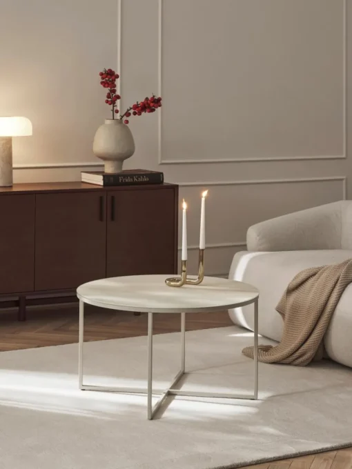 Runder Couchtisch Antigua mit Glasplatte in Travertin-Optik