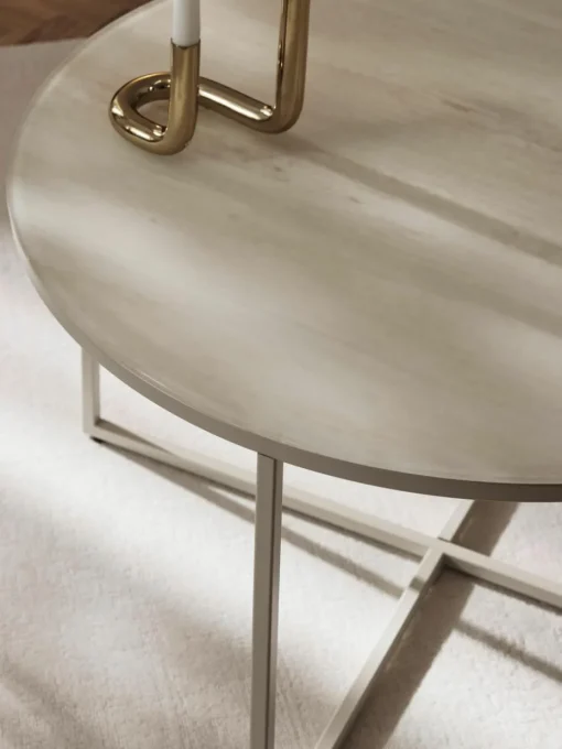 Runder Couchtisch Antigua mit Glasplatte in Travertin-Optik