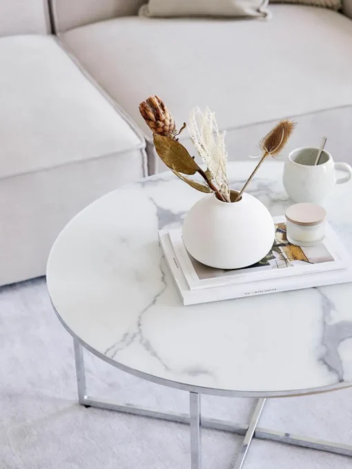 Runder Couchtisch Antigua mit Glasplatte in Marmor-Optik