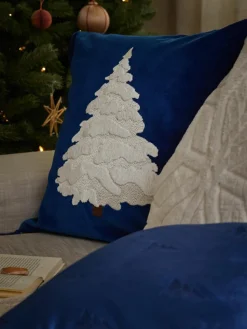 Samt-Kissenhülle Amara mit gesticktem Tannenbaum