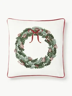 Samt-Kissenhülle Rosaline mit gesticktem Weihnachtskranz